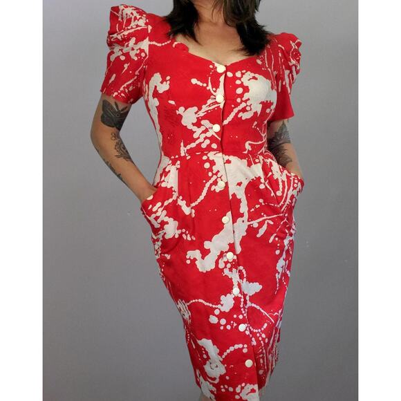 Vintage 80s incredible ruched puff sleeve and pointed pocket wiggle dress - Picture 1 of 10